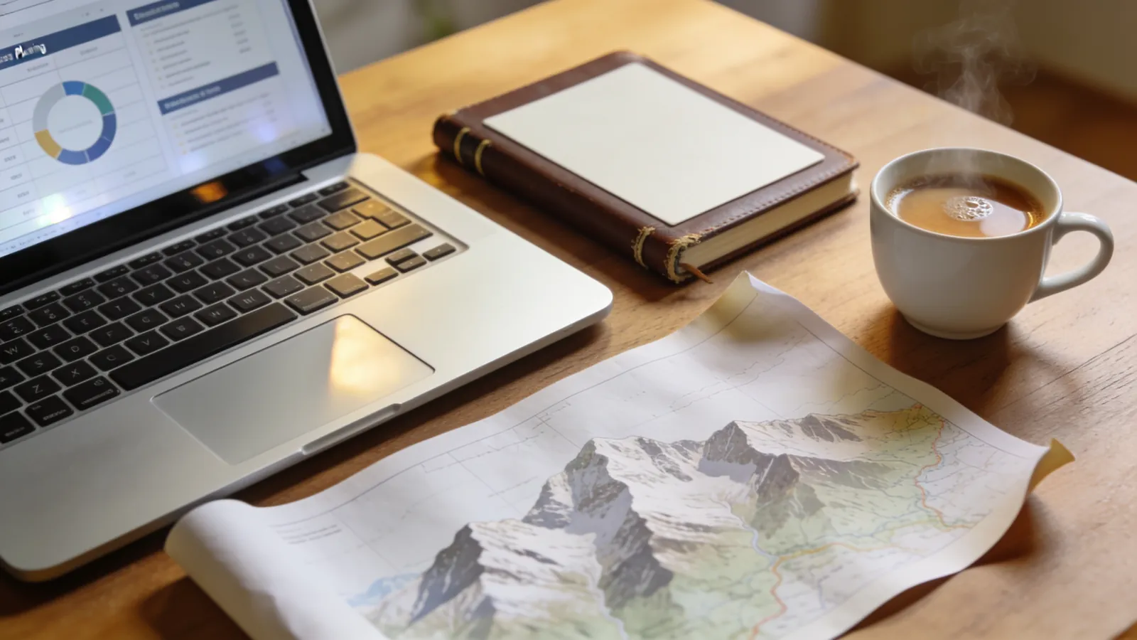 Overhead view of a desk with a laptop, a notebook, a paper map of mountains and a cup of coffee, set up for planning a small business