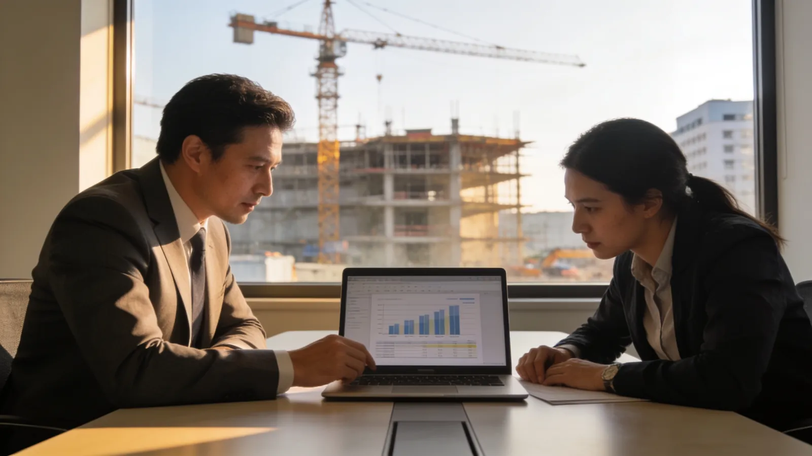 A business owner and a project manager reviewing a budget on a laptop at a conference table in an office, a window with a view of a building site behind them