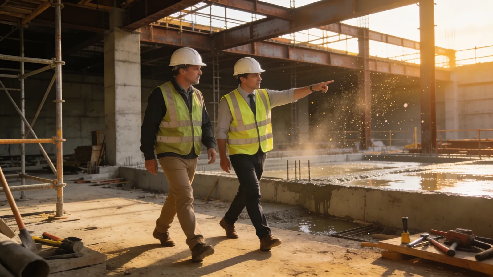 A building owner and their representative in hard hats and hi-vis vests walking through an active building site while the representative points at the structure