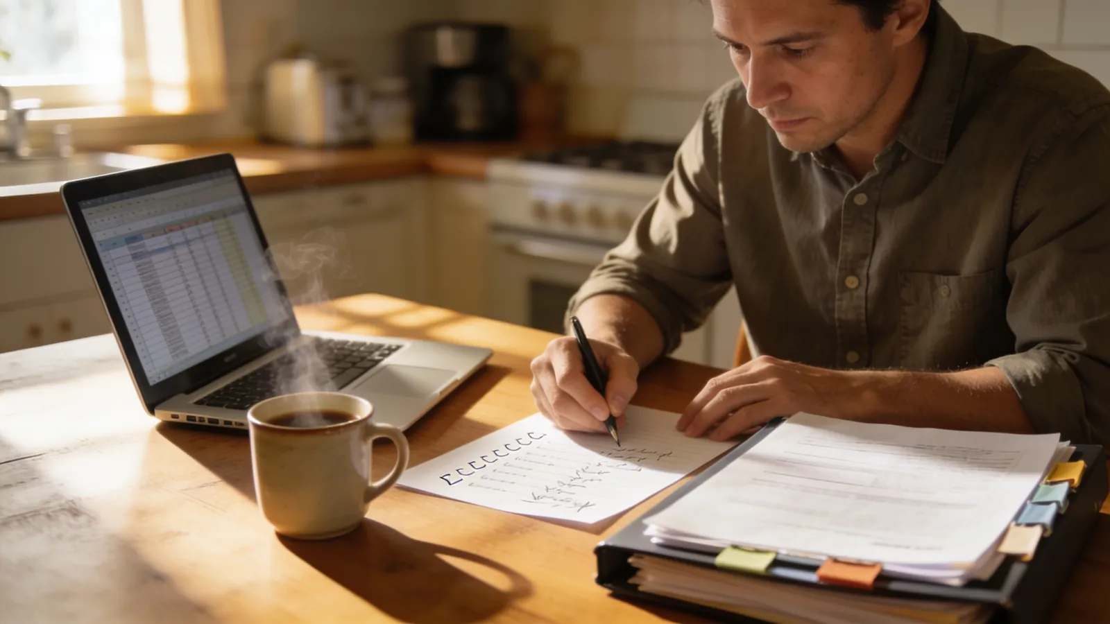 A business owner at a kitchen table with a laptop, a folder of papers and a cup of coffee, working through a checklist