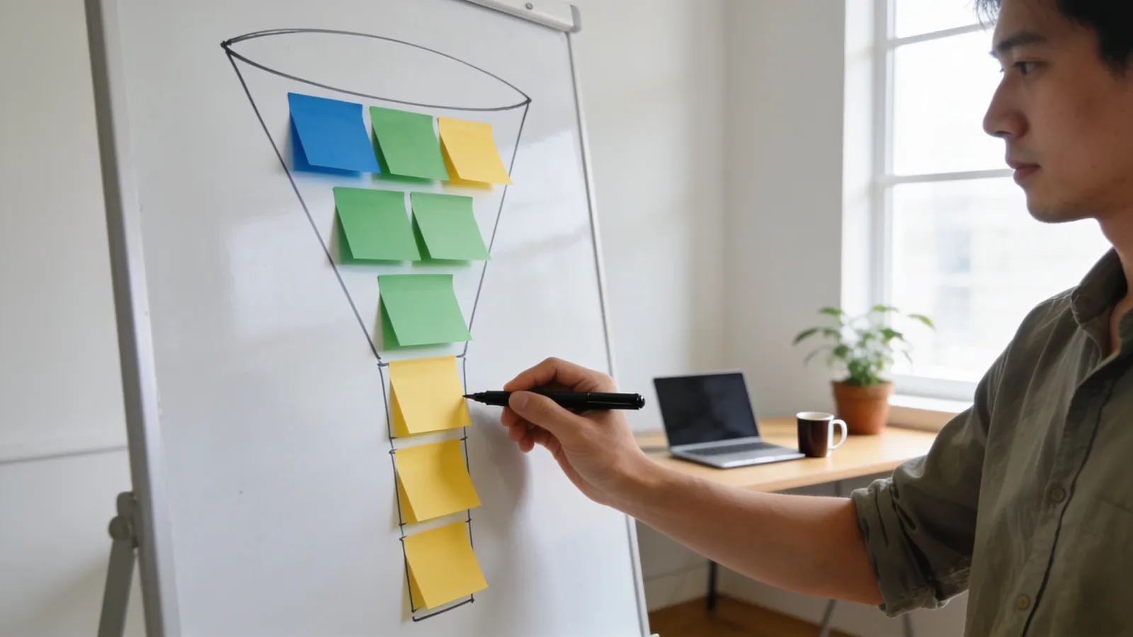 A small business owner standing at a whiteboard drawing a funnel shape with blank colored sticky notes stuck along it in a small bright office