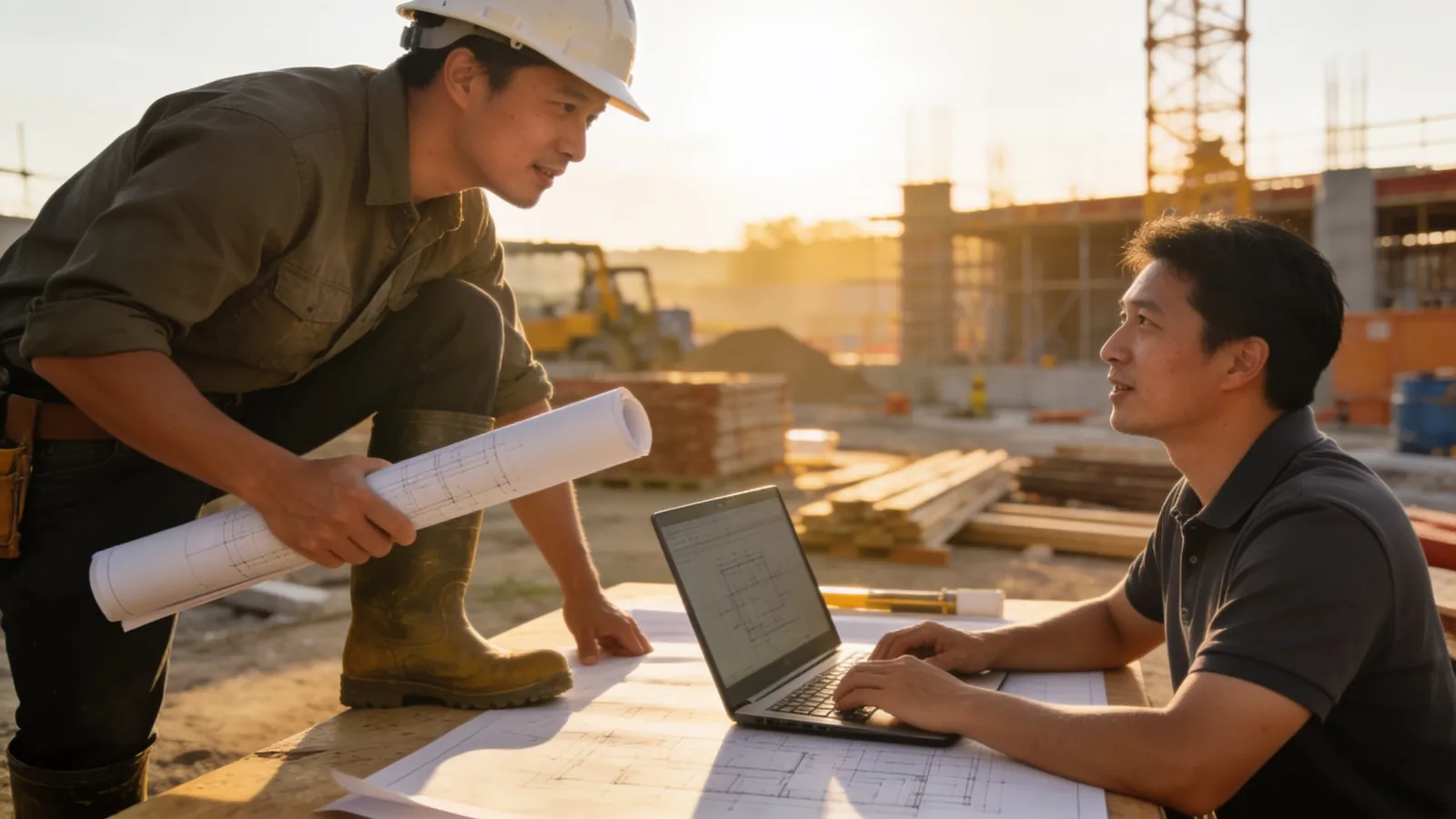 Two professionals at a plan table on a construction site, one in a hard hat and boots holding drawings, the other in a polo shirt with a laptop, discussing in morning light