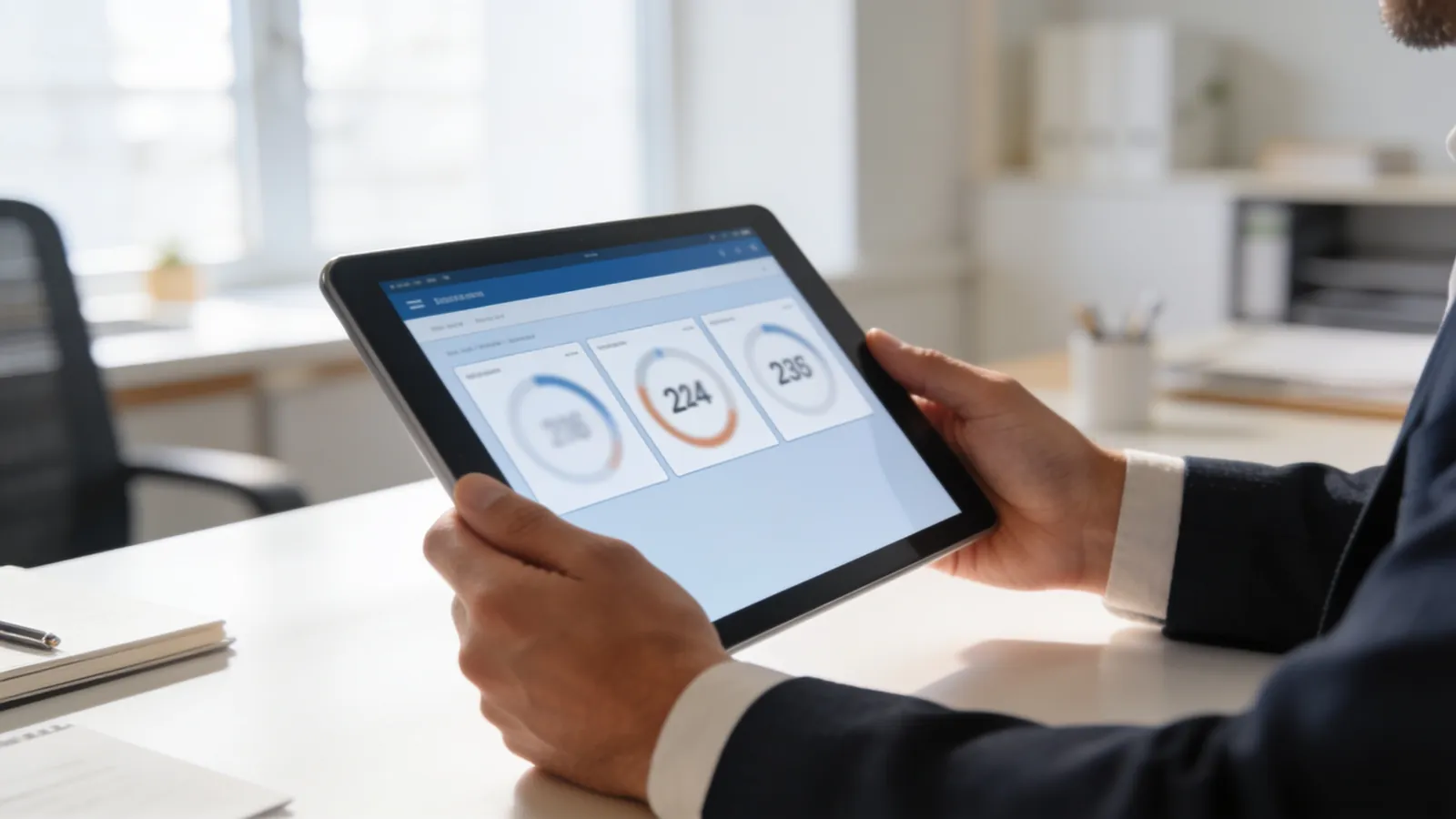 A business owner looking at a tablet that shows a very simple dashboard of three large numbers, with a shallow depth of field in a bright office