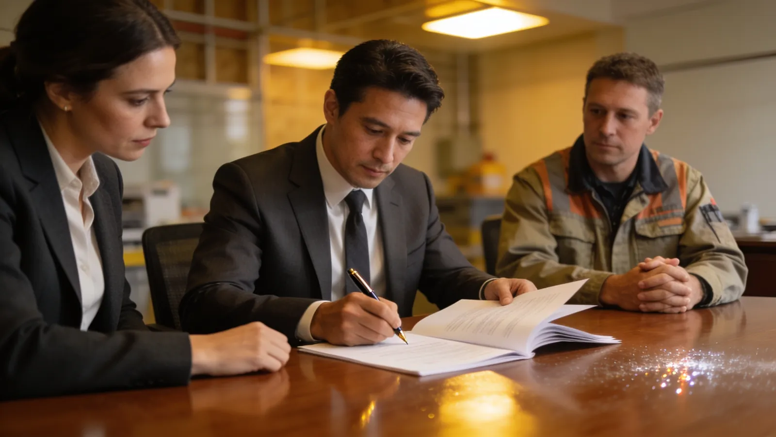 A business owner signing a document at a conference table while an advisor beside them reads the pages carefully and a general contractor sits across the table