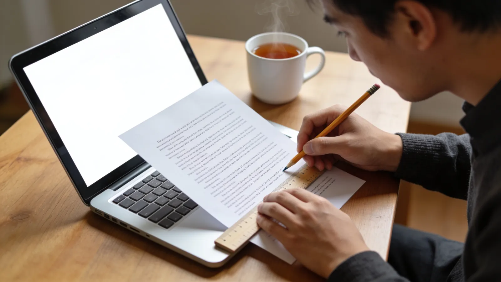 A person at a desk carefully checking a printed multi-paragraph summary page line by line with a pencil and a ruler, with a laptop and a cup of tea nearby