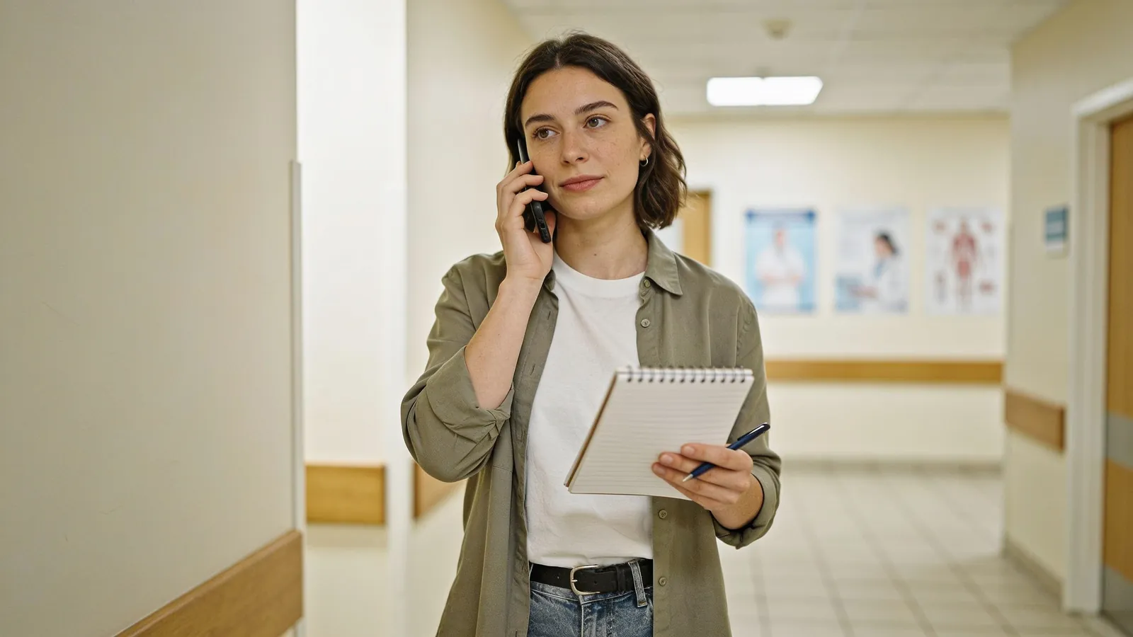 A person standing in a clinic hallway listening carefully on a phone call while holding a notepad and a pen, with a calm expression