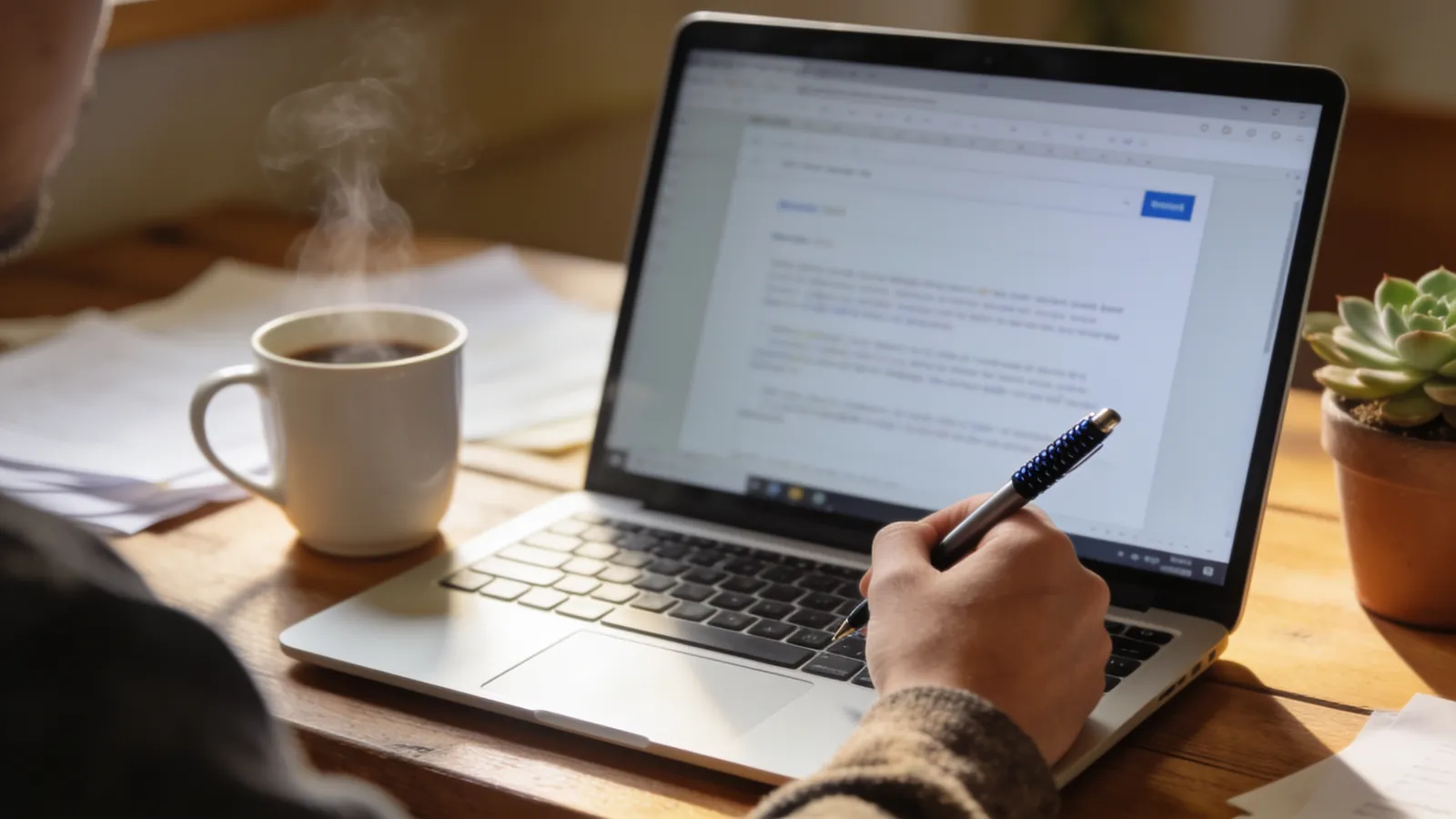 A person at a desk reviewing a drafted email on a laptop with a pen in hand, about to correct it, with a coffee cup nearby