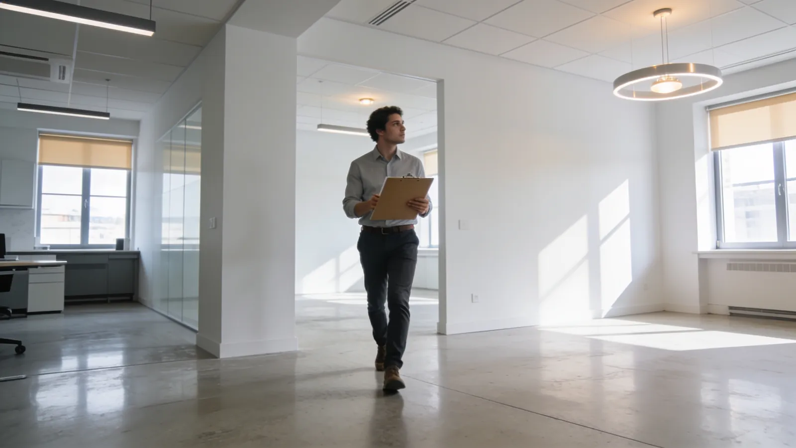 A person walking through a newly completed empty office space with a clipboard for a final walkthrough in bright light