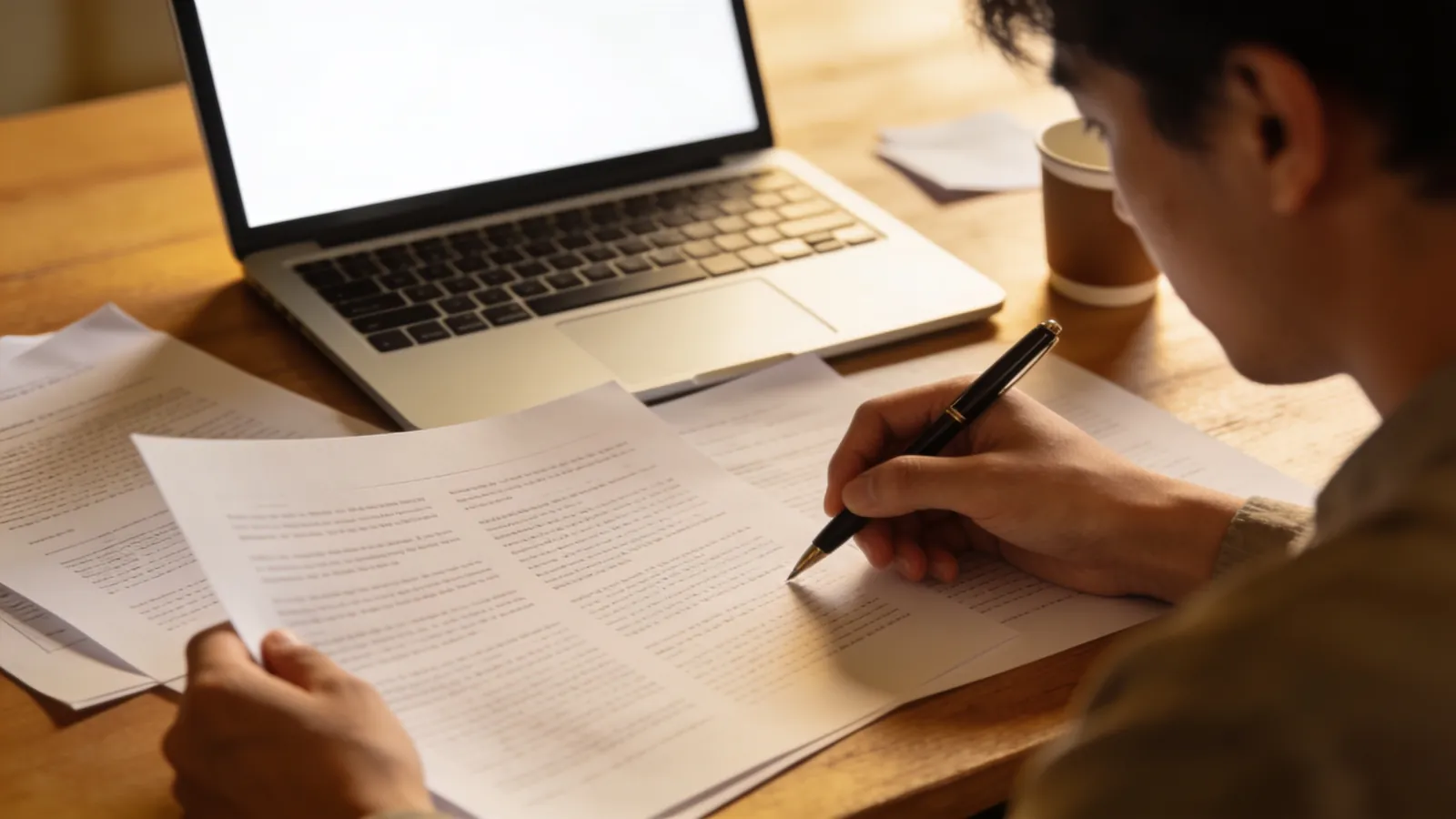 A person with a pen carefully reviewing a printed document at a desk beside an open laptop, a human checking a machine's draft