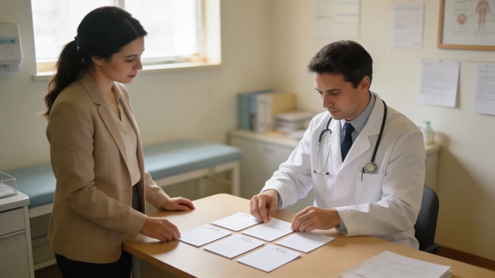 A physician in a white coat and a practice manager at a table in a small clinic office, arranging blank index cards into a neat two by two grid