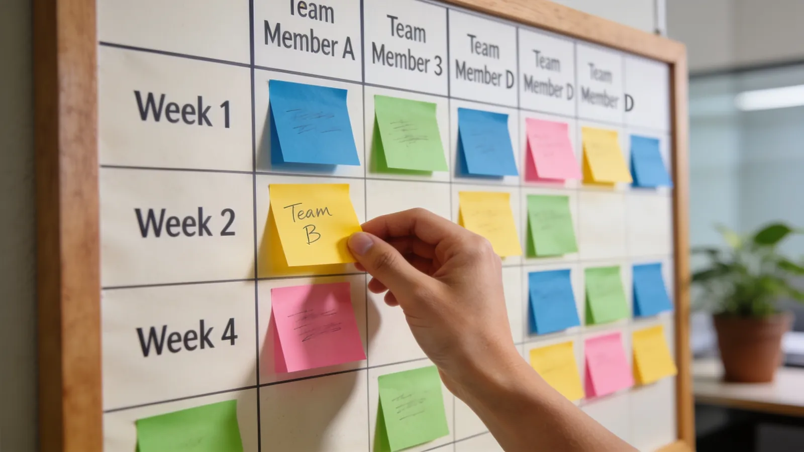 A planning board with columns for weeks and rows for people filled with colored sticky notes while a hand adjusts one note