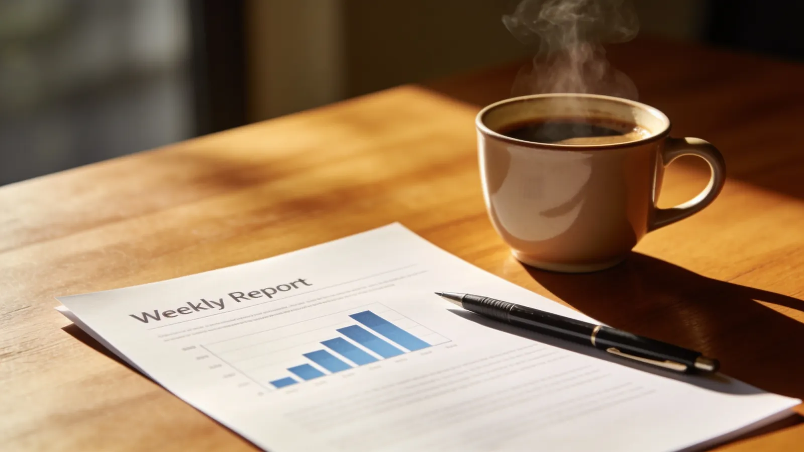 A printed one-page weekly report with a small bar chart, a pen and a coffee cup on a wooden table