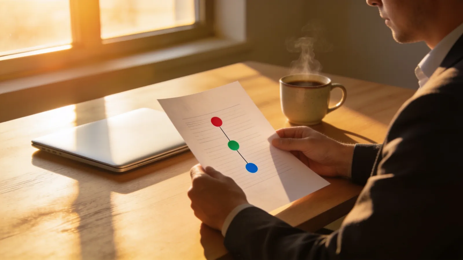 A project manager at a clean desk at dawn reading a single printed page with three small colored dots in a column, with a closed laptop and a cup of coffee beside it