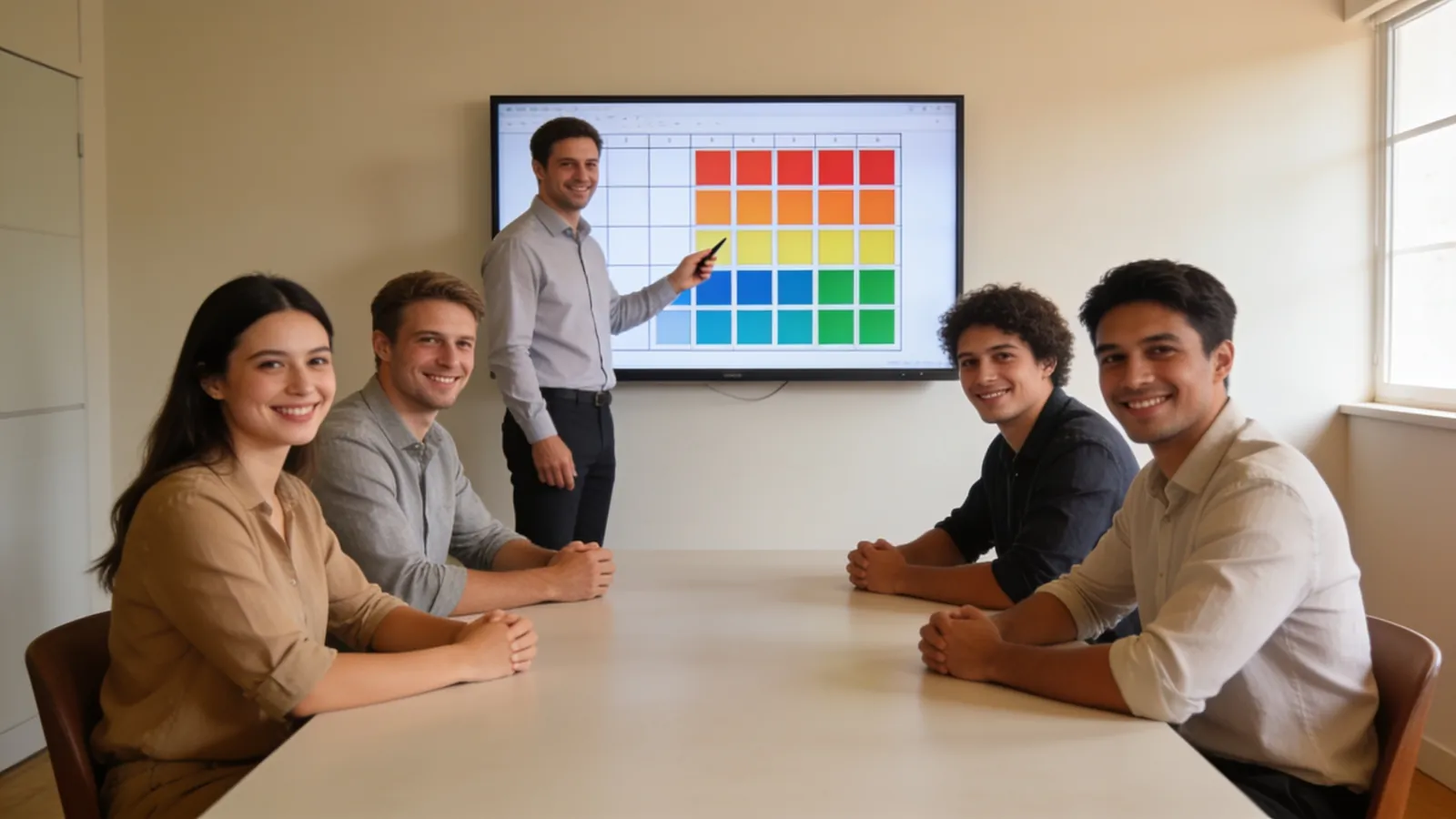 A project manager explaining a grid of colored cells on a wall screen to a team of five around a table, everyone relaxed and smiling