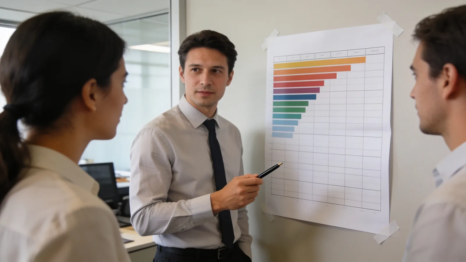 A project manager standing in front of a large printed bar-chart schedule taped to an office wall, pen in hand, while two colleagues look at the colored bars