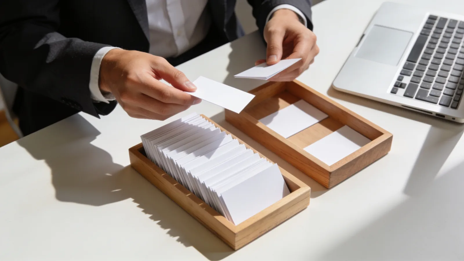 A project manager at a bright desk sorting blank index cards into two wooden trays, one nearly full and one nearly empty, with a laptop open beside them