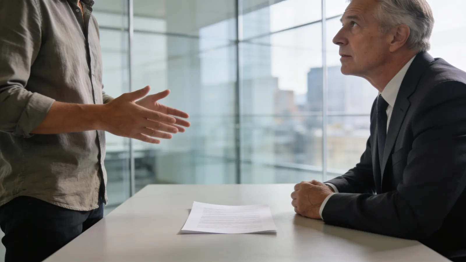 A project manager giving a short standing briefing to a senior executive in a glass-walled office with one printed page between them