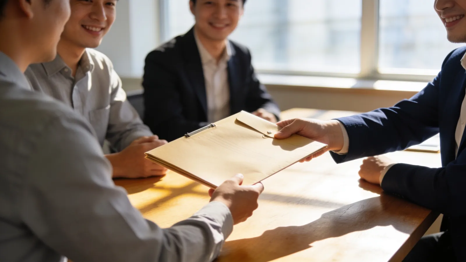 A project team at a closeout meeting where one person hands a folder across the table to another in sunlight