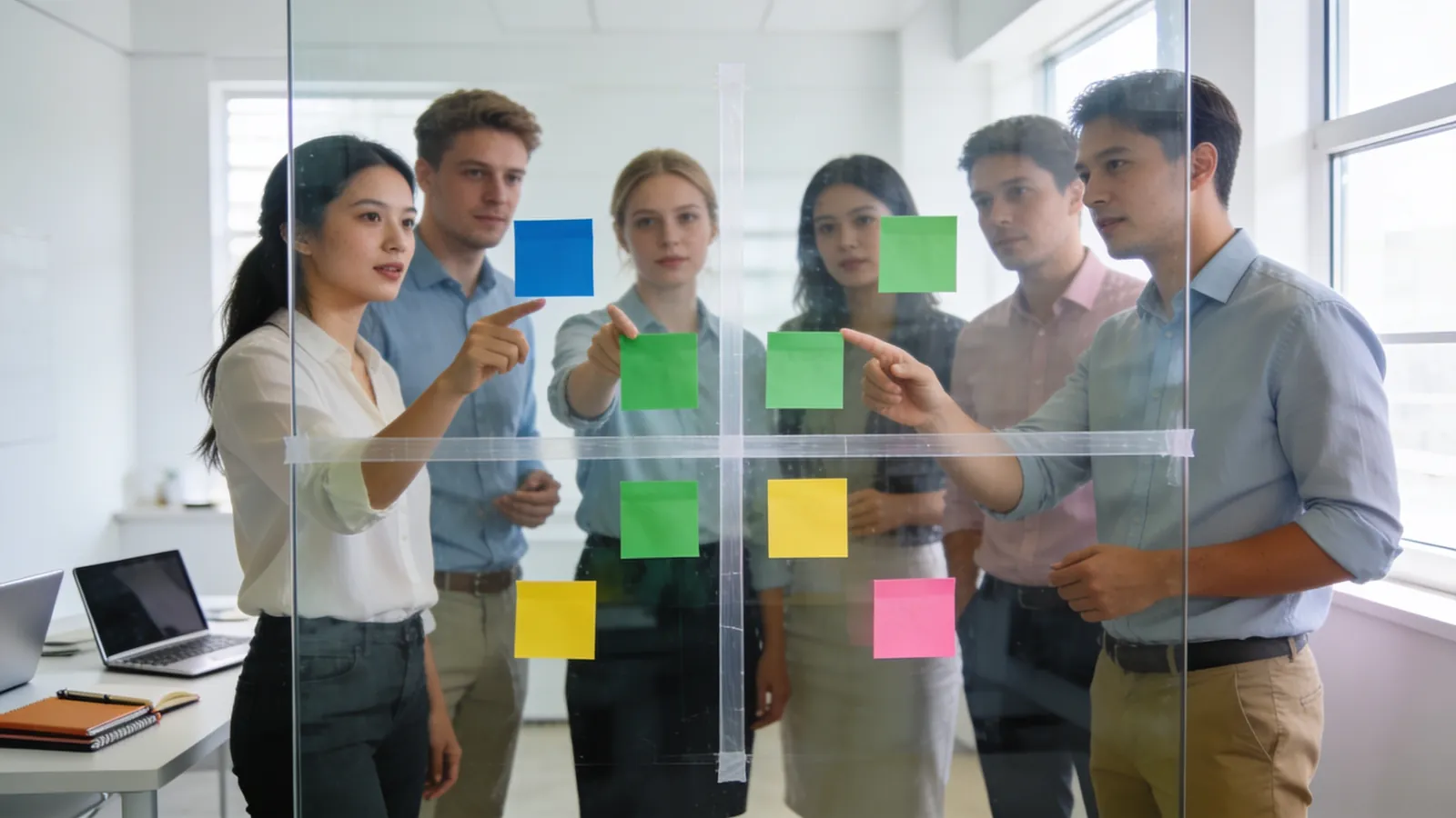 A project team standing at a glass wall with a four-quadrant grid made of tape and colored sticky notes in a bright modern office