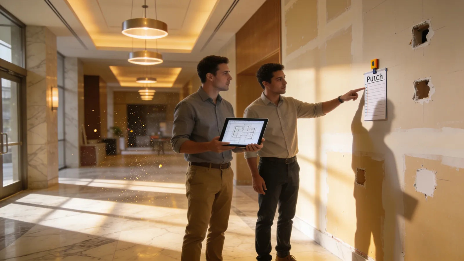 An owner and a general contractor doing a final punch list walkthrough in a nearly finished building lobby, one holding a tablet and the other pointing at a wall