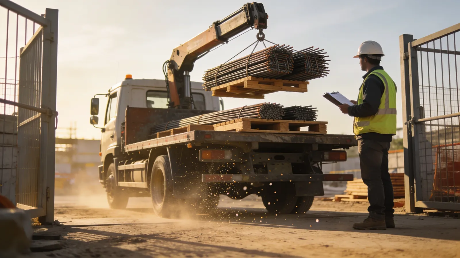 A delivery truck unloading bundles of steel rebar at a construction site gate while a worker with a clipboard checks the load in the morning light