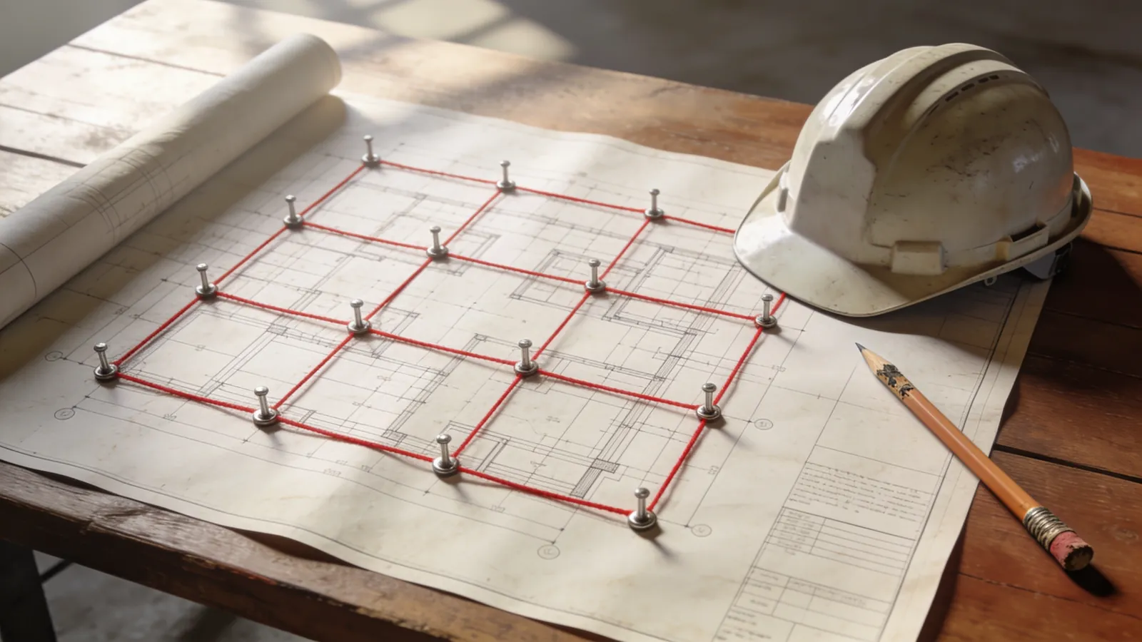 Top view of a large construction blueprint on a table with red string connecting pins across it, a hard hat and a pencil nearby