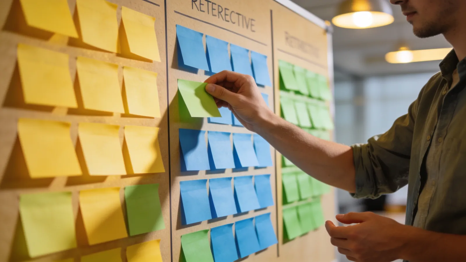 A retrospective board with three columns of sticky notes while a team member adds a note in a bright office