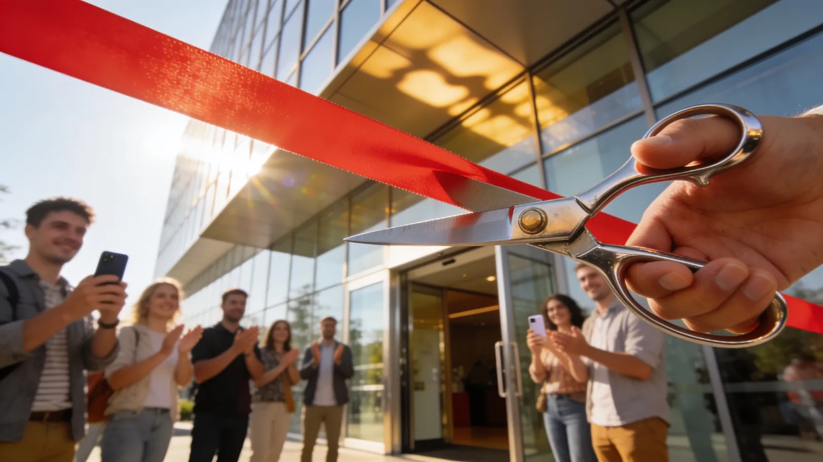 A ribbon being cut with oversized scissors at the entrance of a new building while a small crowd watches in daylight