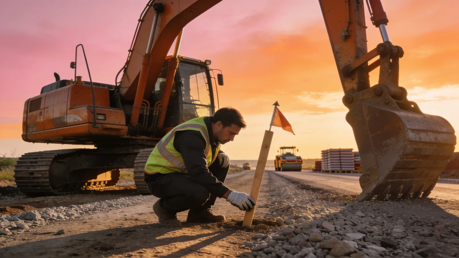 A road construction site with an excavator and a supervisor inspecting a stake marking a milestone at sunset