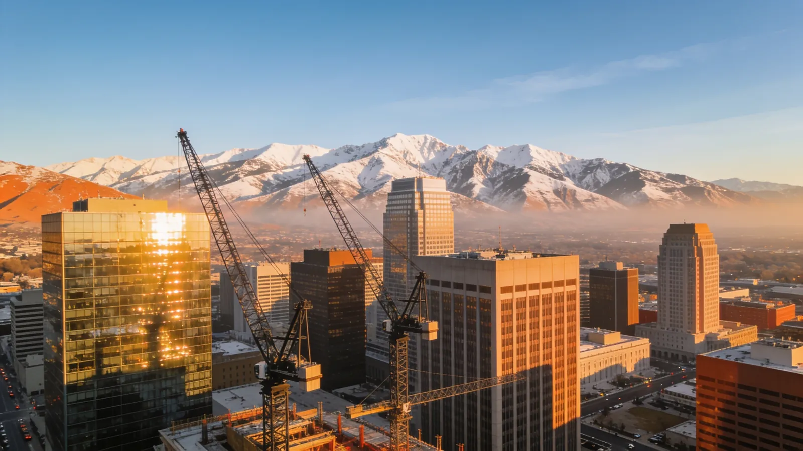 Downtown Salt Lake City skyline at golden hour with construction cranes among the buildings and snow-capped Wasatch mountains behind
