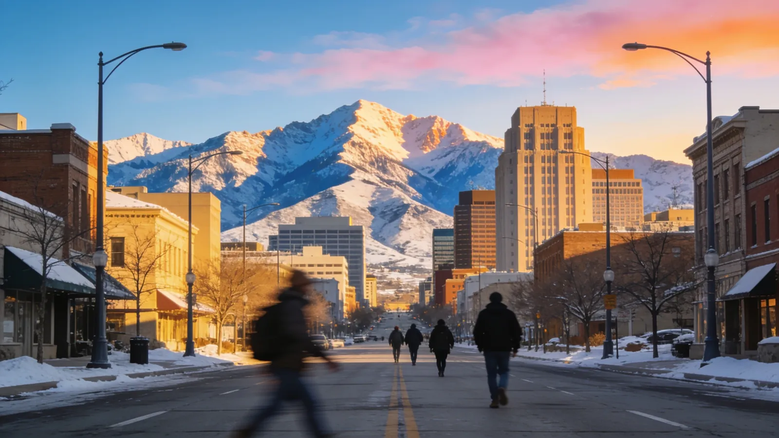 Downtown Salt Lake City with the snow-capped Wasatch mountains behind it at sunrise, seen from a quiet street with a few commuters