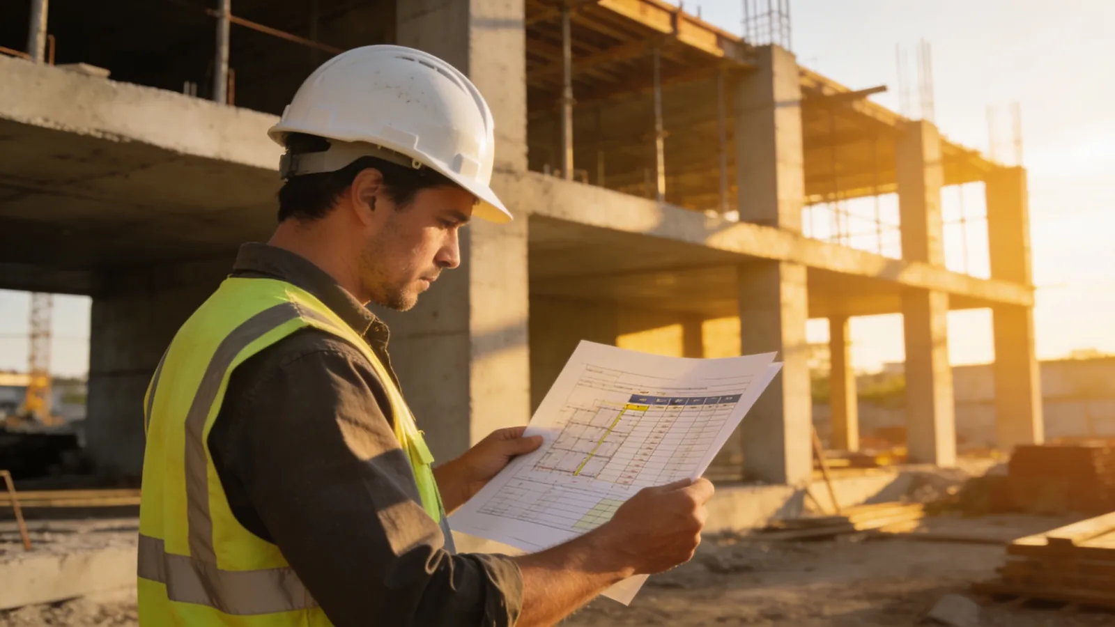 A site engineer in a white hard hat comparing a printed progress and cost sheet with a half-built concrete structure behind him