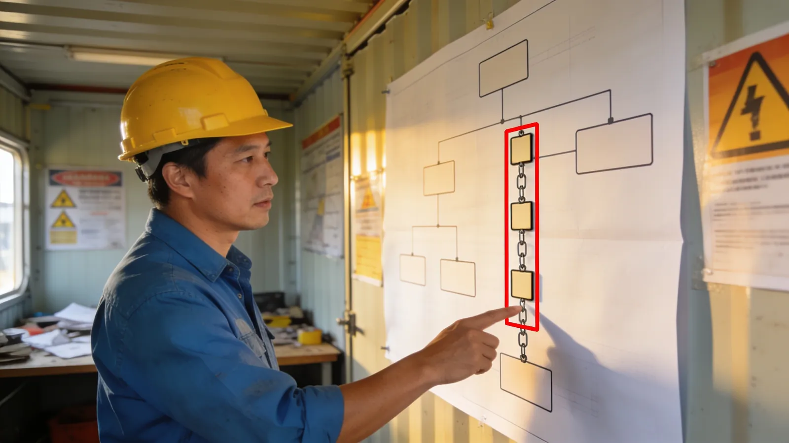 A construction site manager in a hard hat pointing at a large printed network diagram of connected boxes pinned on a wall inside a site trailer, one chain of boxes highlighted in red