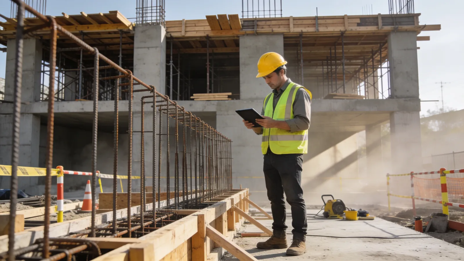 A site supervisor in a hard hat inspecting steel rebar and formwork with a tablet, a concrete building frame under construction in the background