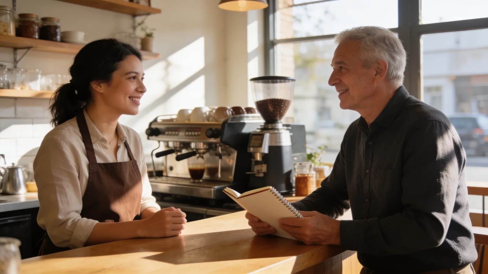 A small cafe owner talking with a mentor across the counter, the mentor holding a notebook, in warm morning light