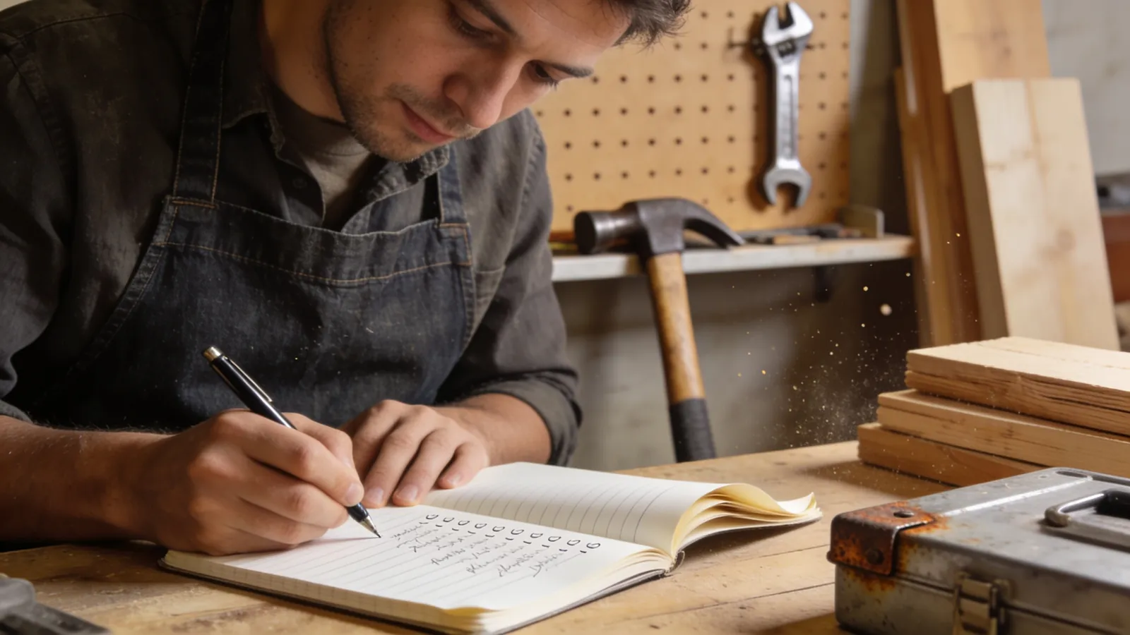 A small business owner in a workshop reviewing a handwritten list in a notebook with a pen while tools hang on the wall behind
