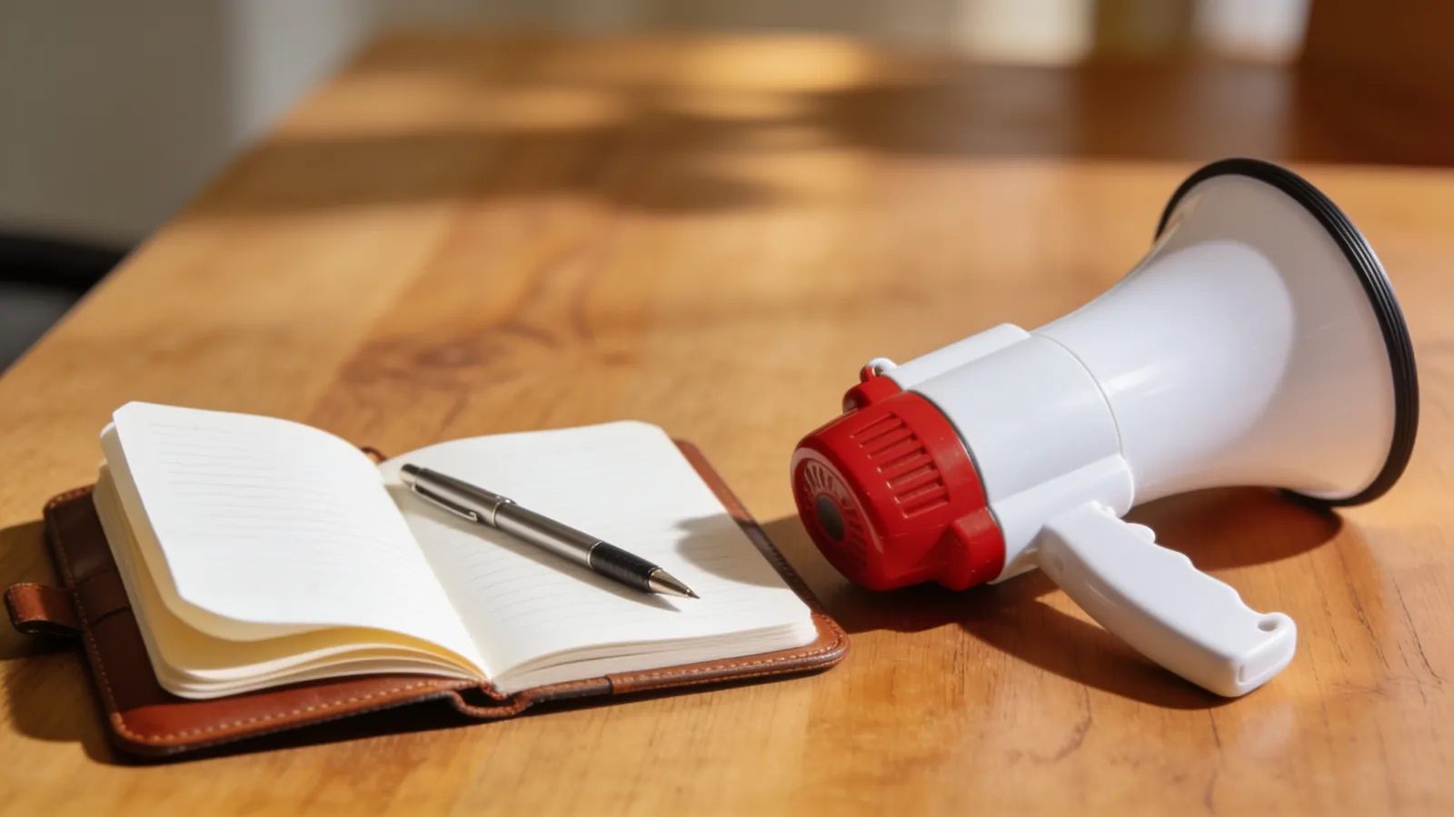 A small notebook and a pen on a desk next to a toy megaphone, a metaphor for clear communication