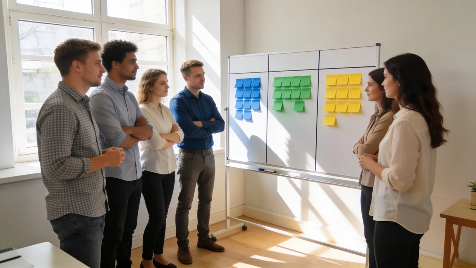 A small team in a short morning stand-up in front of a simple three-column board of colored sticky notes in a bright office