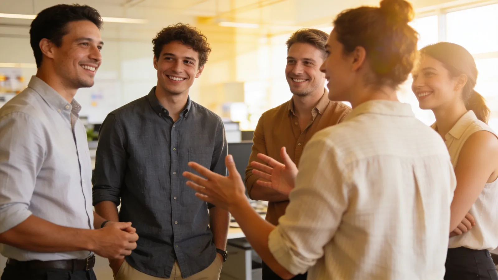 A small team in a short stand-up meeting in a bright office while one person speaks and the others listen