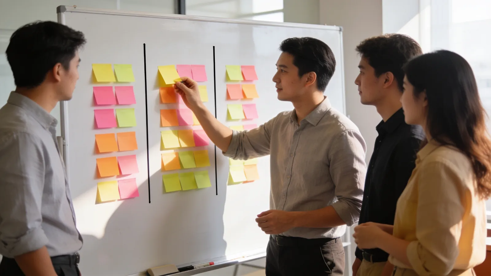 A small team of four standing around a whiteboard with three columns of colorful sticky notes in a bright office, one person moving a note