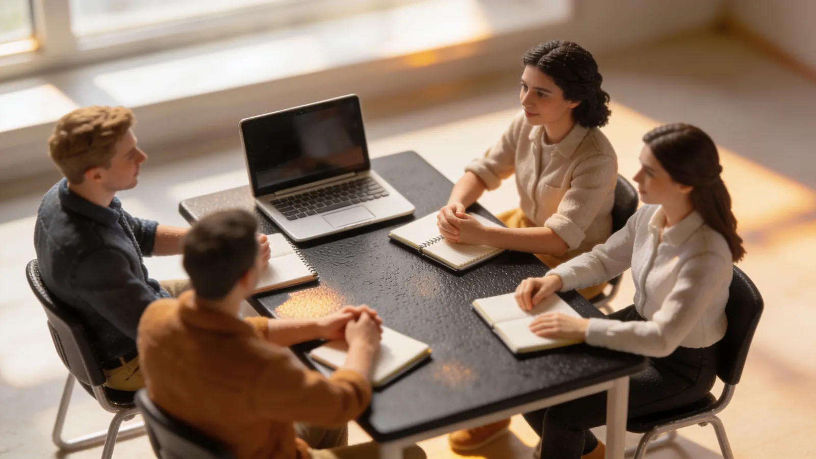 A small team of four having a short weekly meeting around a small table with one laptop and notebooks, relaxed and focused