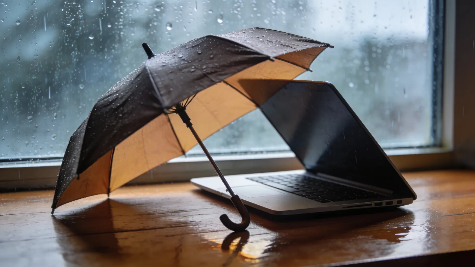 A small umbrella standing open over a laptop on a desk by a rainy window