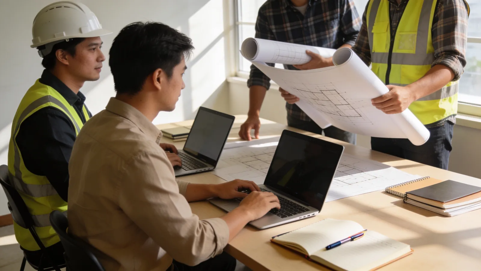 A software team with laptops and a construction team with blueprints sharing one table in a bright office