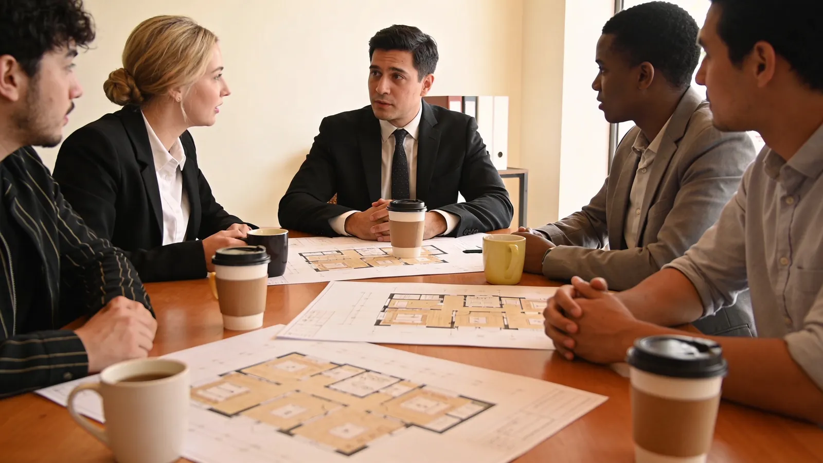 Diverse stakeholders around a meeting table with floor plans and coffee while a project manager listens attentively