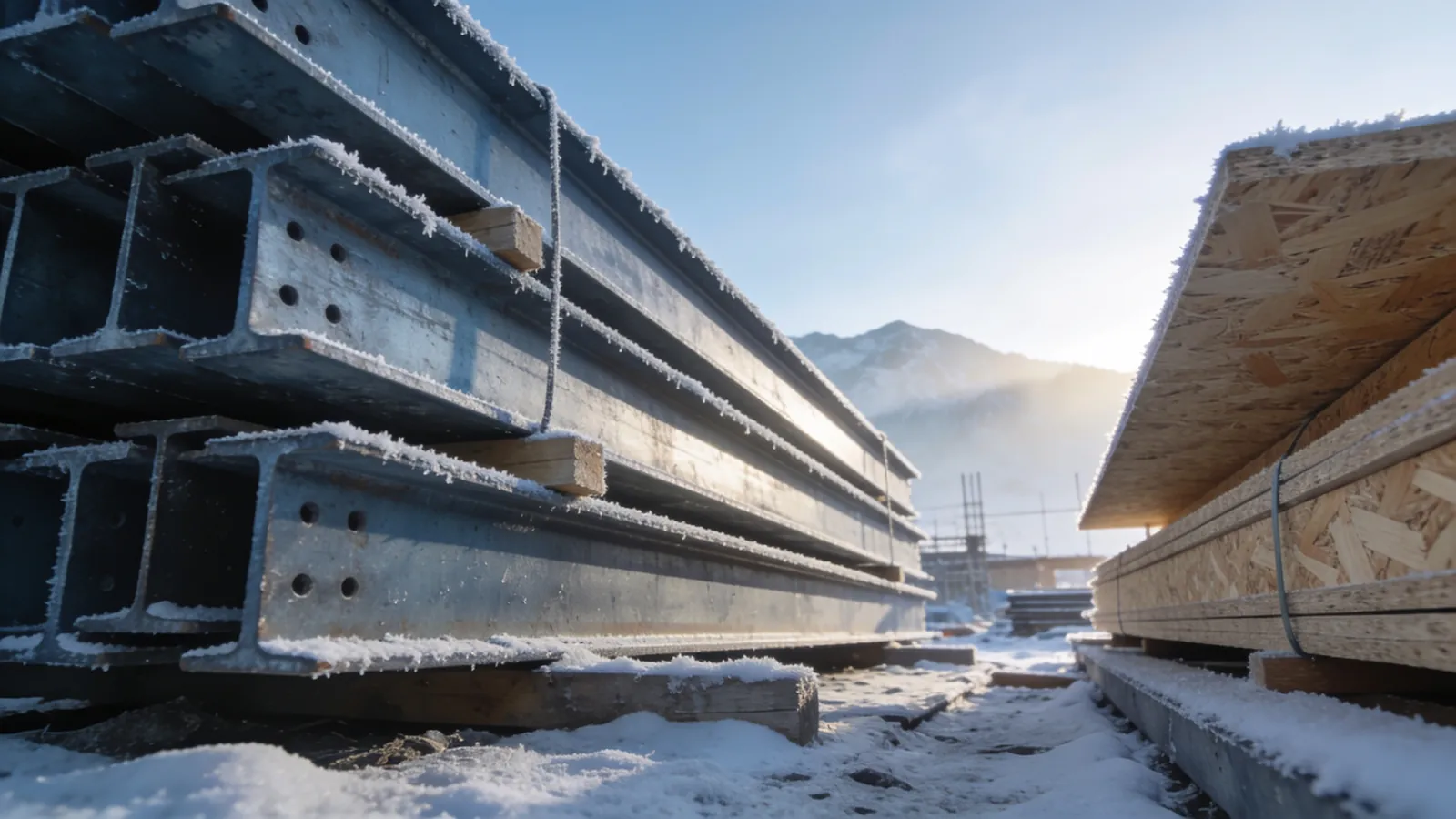 Stacked steel beams and plywood sheets partly covered with snow at a construction site