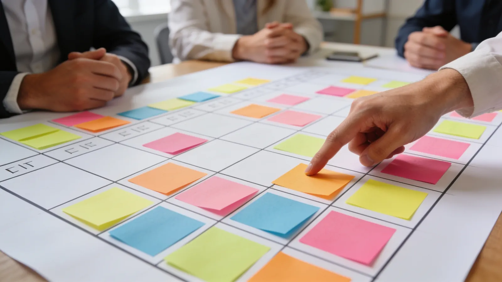 A team around a table in a bright office filling a large grid of rows and columns on a whiteboard with sticky notes while one person points at a cell