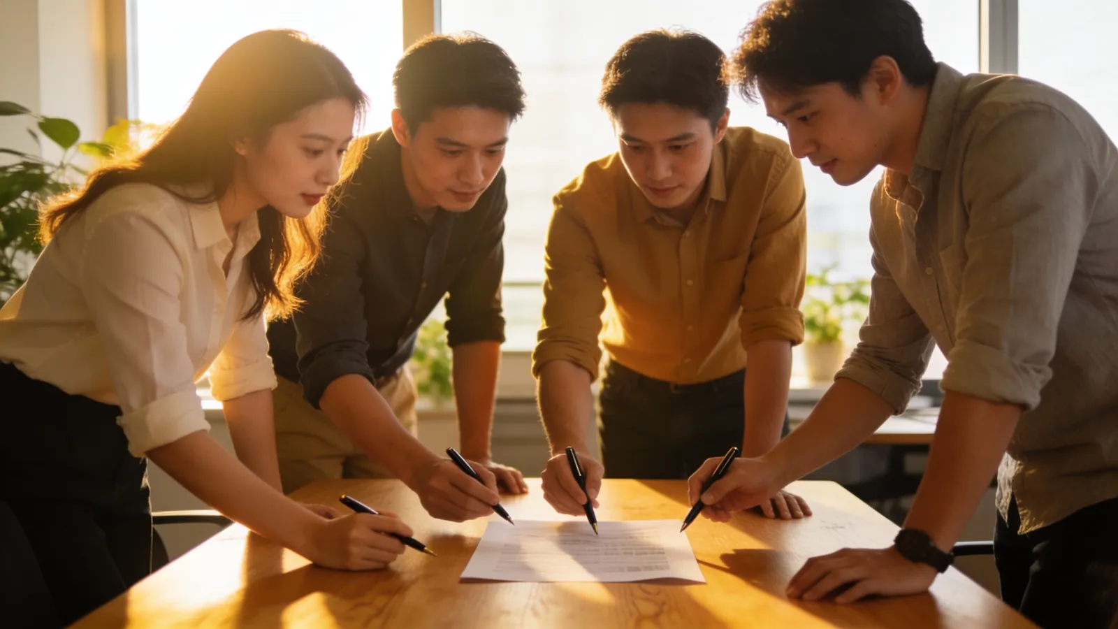 Four colleagues standing around a wooden meeting table looking at one printed page in the middle, pens in hand, in a bright office