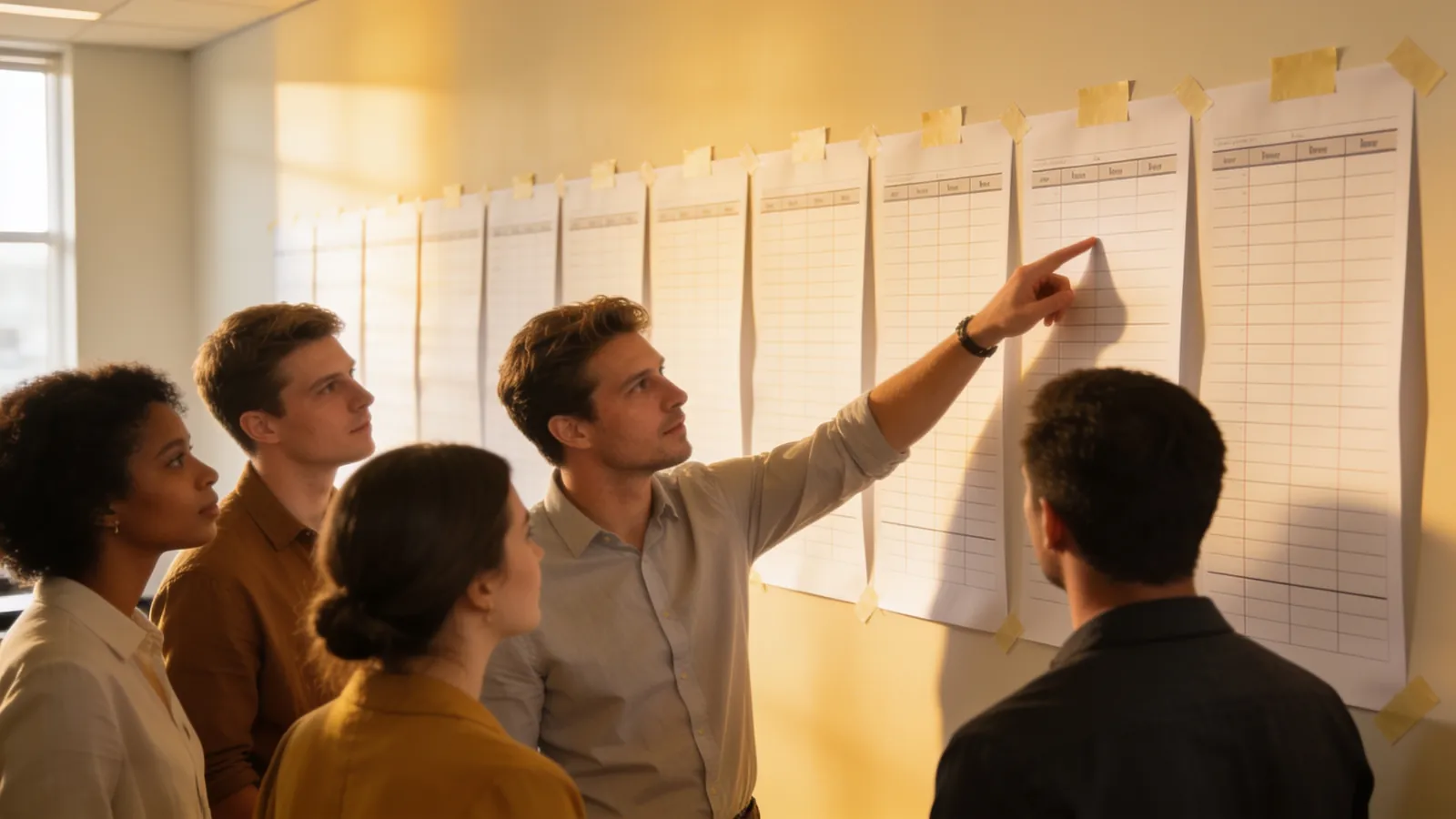 A team of five standing in front of a long wall planner made of printed timeline sheets taped side by side