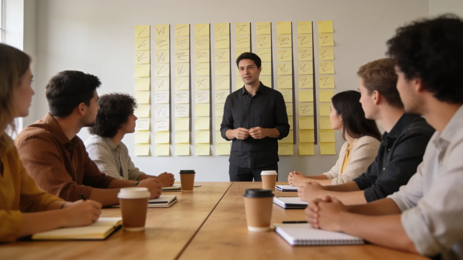 A team workshop around a long table with a wall of sticky notes arranged in columns behind them and a facilitator standing in natural daylight