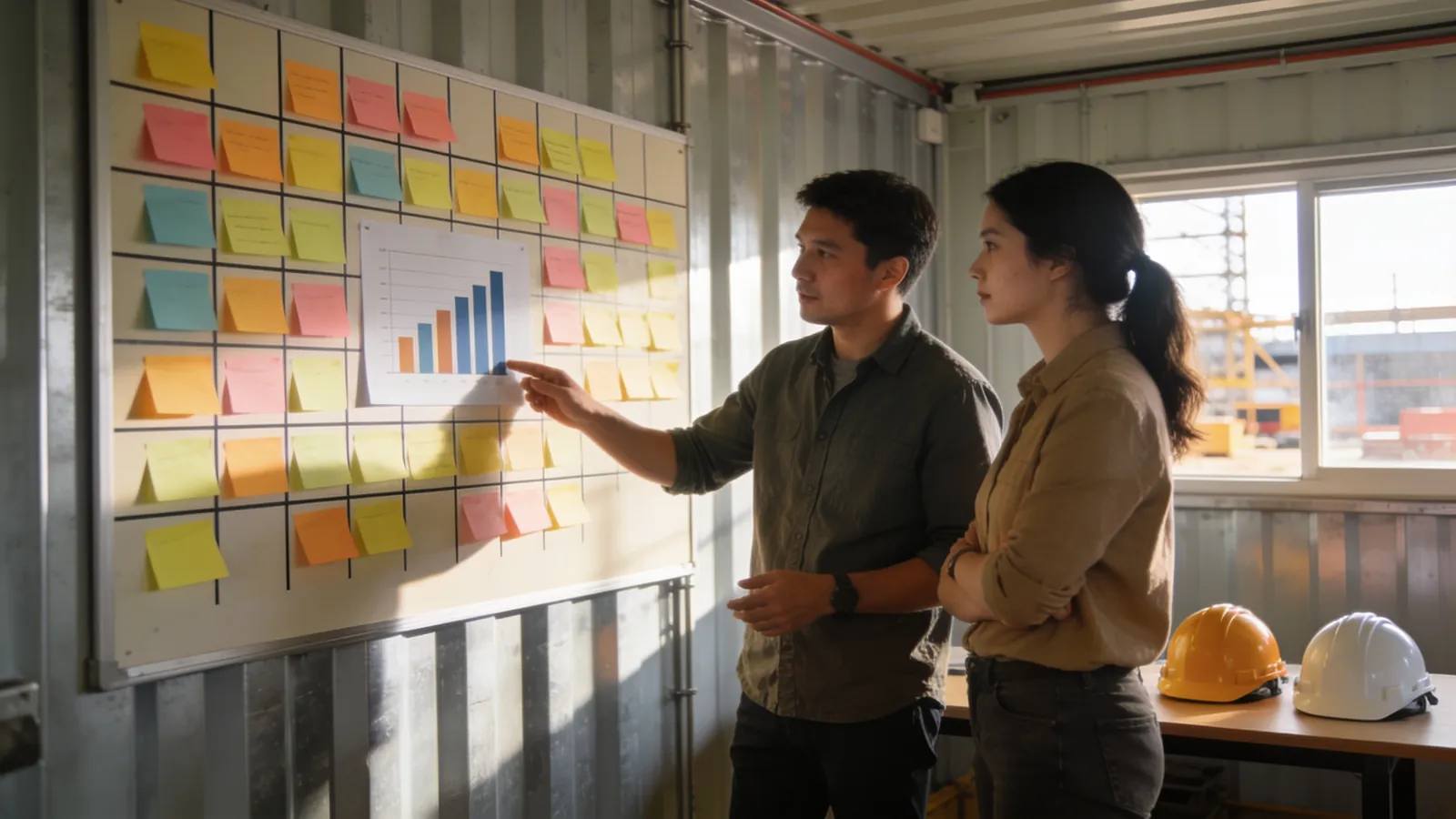 Inside a site office trailer, a wall board with a three-week look-ahead of colored sticky notes and a printed bar-chart schedule, two people discussing it and hard hats on a table